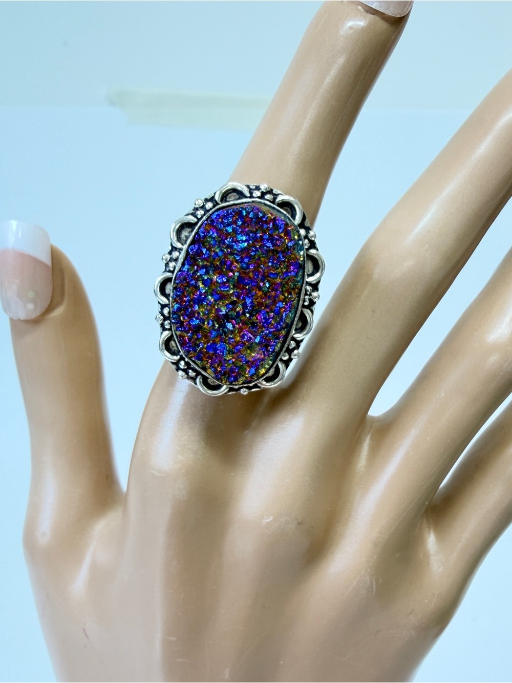Hand Crafted Multicolor Druzy Oval Ring with Blue Purple Sparkle Silver Plated 6